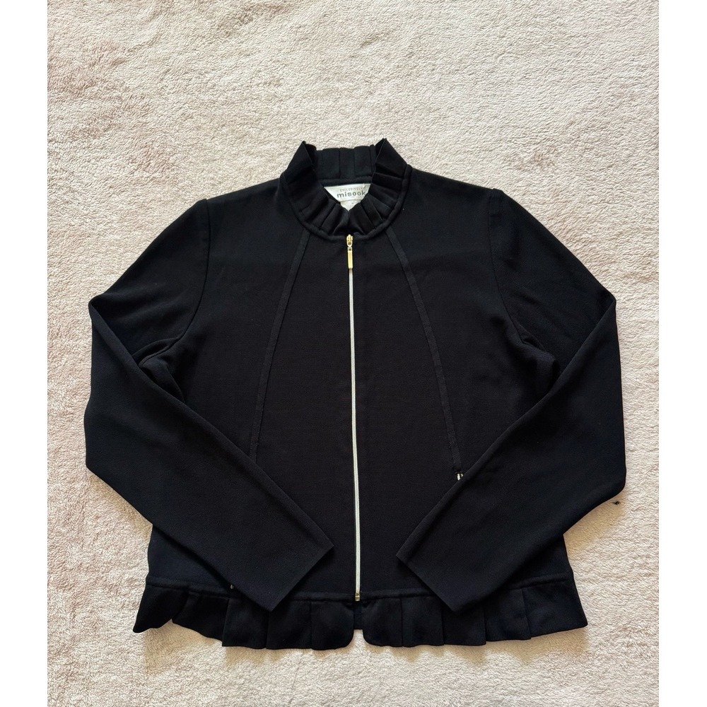 Misook Black Twill Knit Collared Zip Up Sweater Jacket Blazer Office Size S